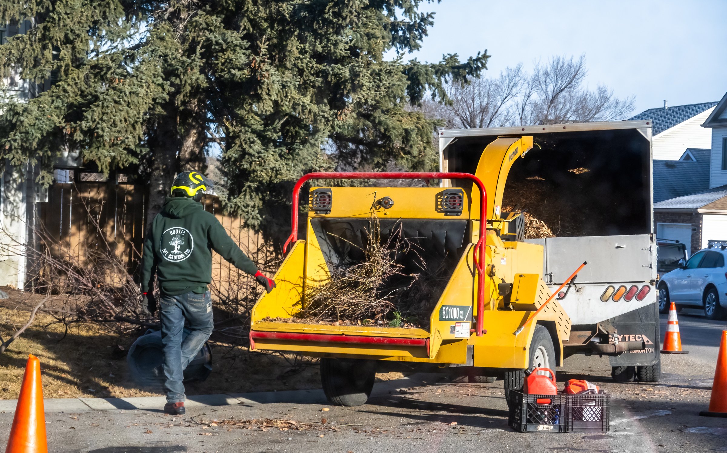 Arborist operating wood chipper