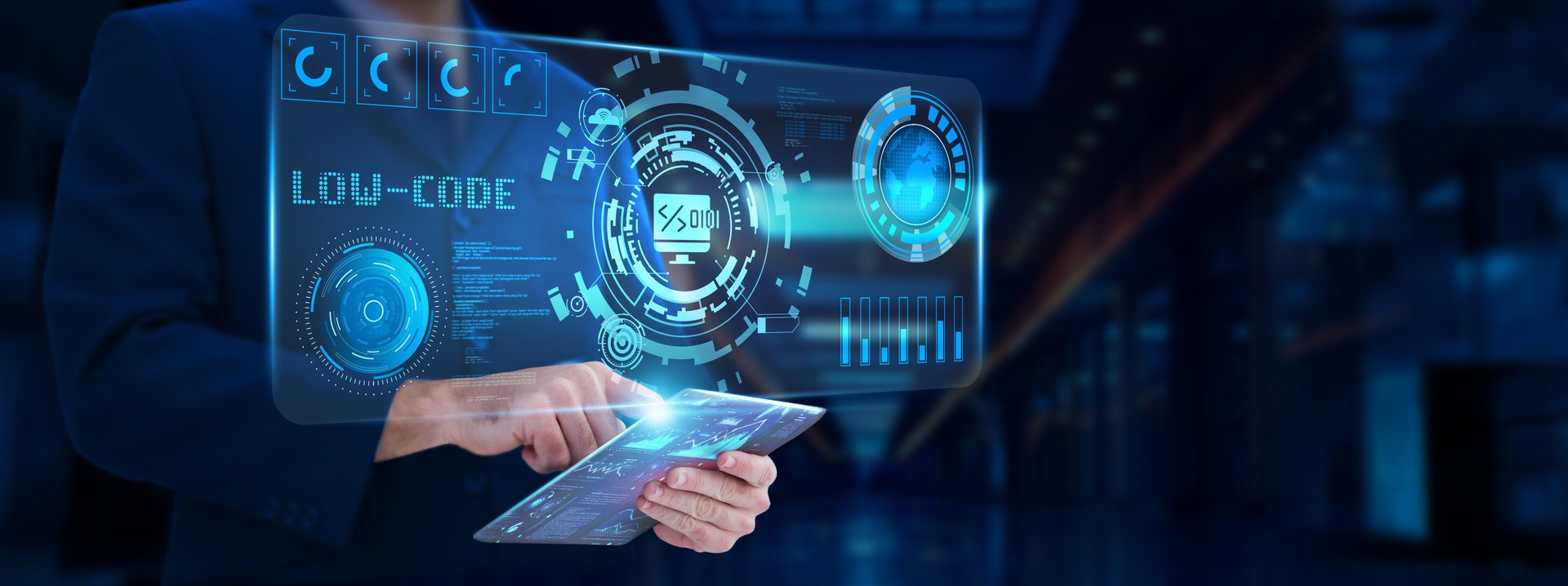 Low-Code: Businessman analyzing and monitoring technological development, automation, efficiency, customization, integration, scalability.