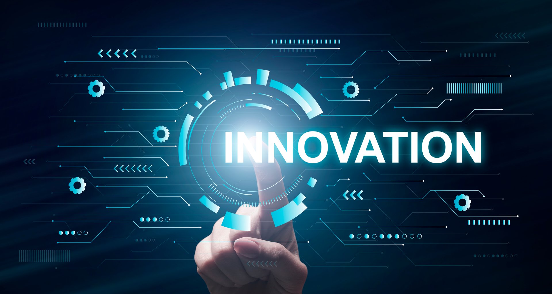 Innovation Concept. Businessman Pointing On Virtual Display, Panorama