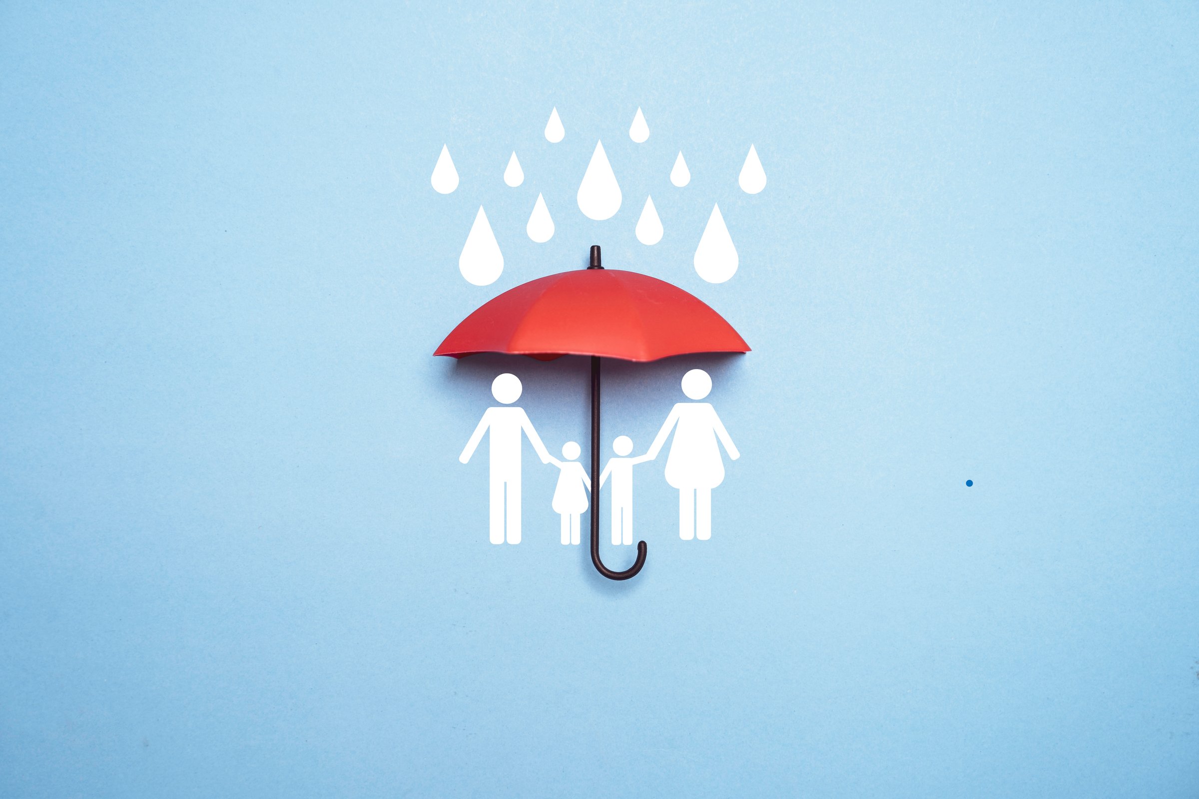 Family protection concept with umbrella shielding parents and child from risks which symbolizing safety, security insurance and financial support in a minimal clean design.
