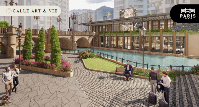 Urban plaza with cobblestone paths, a waterway, greenery, and people walking or sitting under sunny weather.