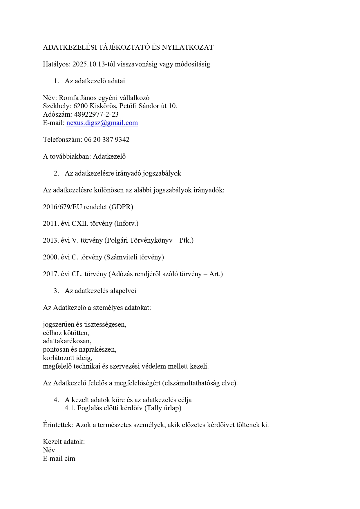 Adatkezelési tájékoztató 1. oldal