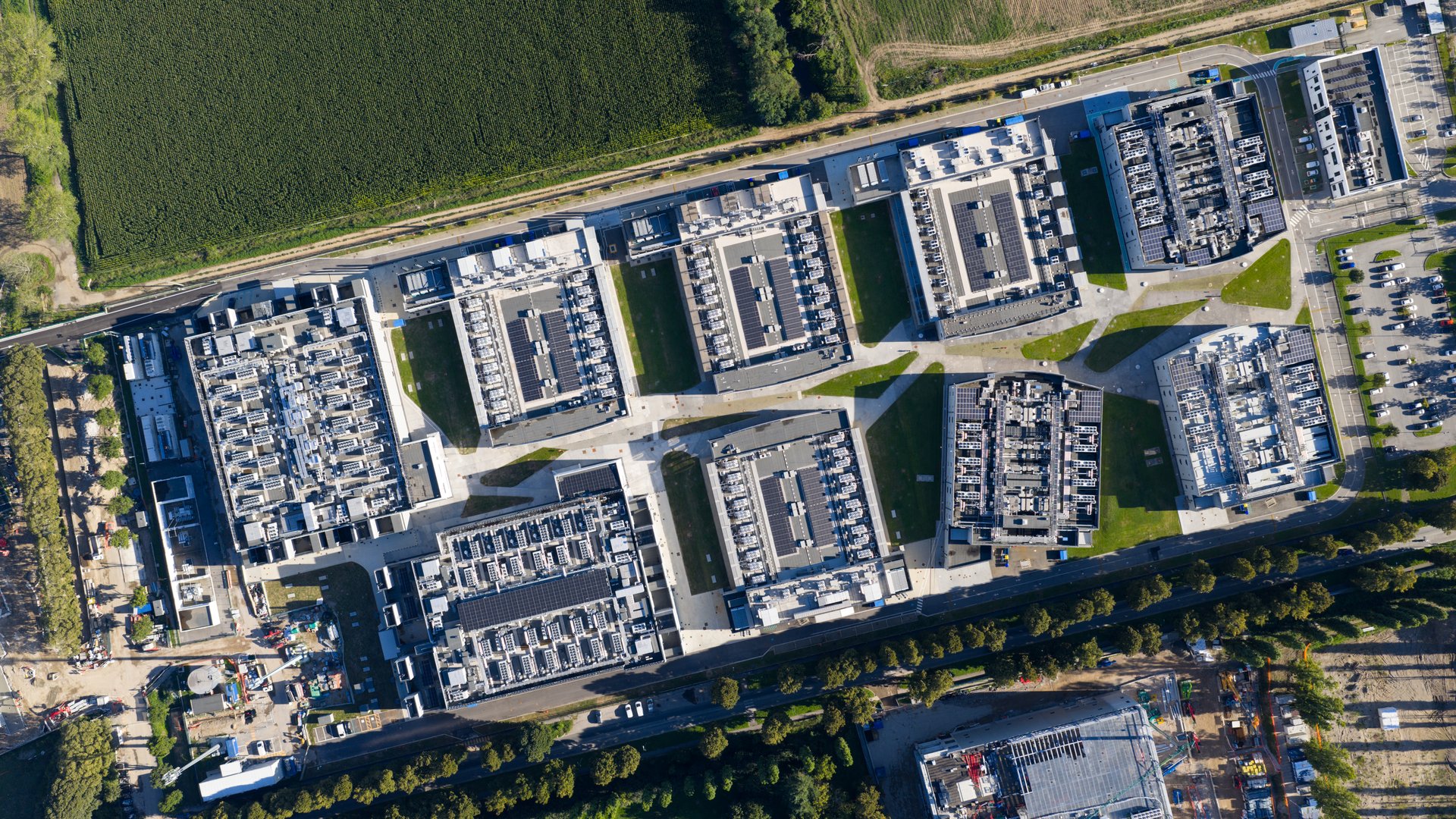 Milan data center 04, colocation and hosting. IT and data infrastructure. Aerial drone photo of the campus.