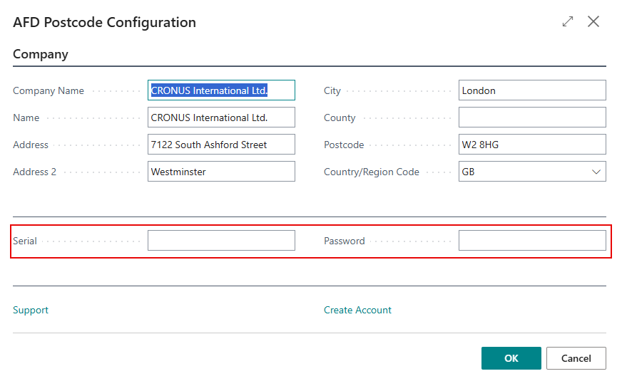 AFD Postcode configuration page with serial and password