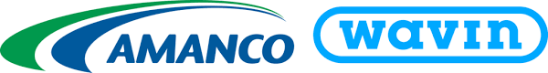 Logo with "Amanco" and "Wavin" in blue beside green and blue swoosh design on a white background.