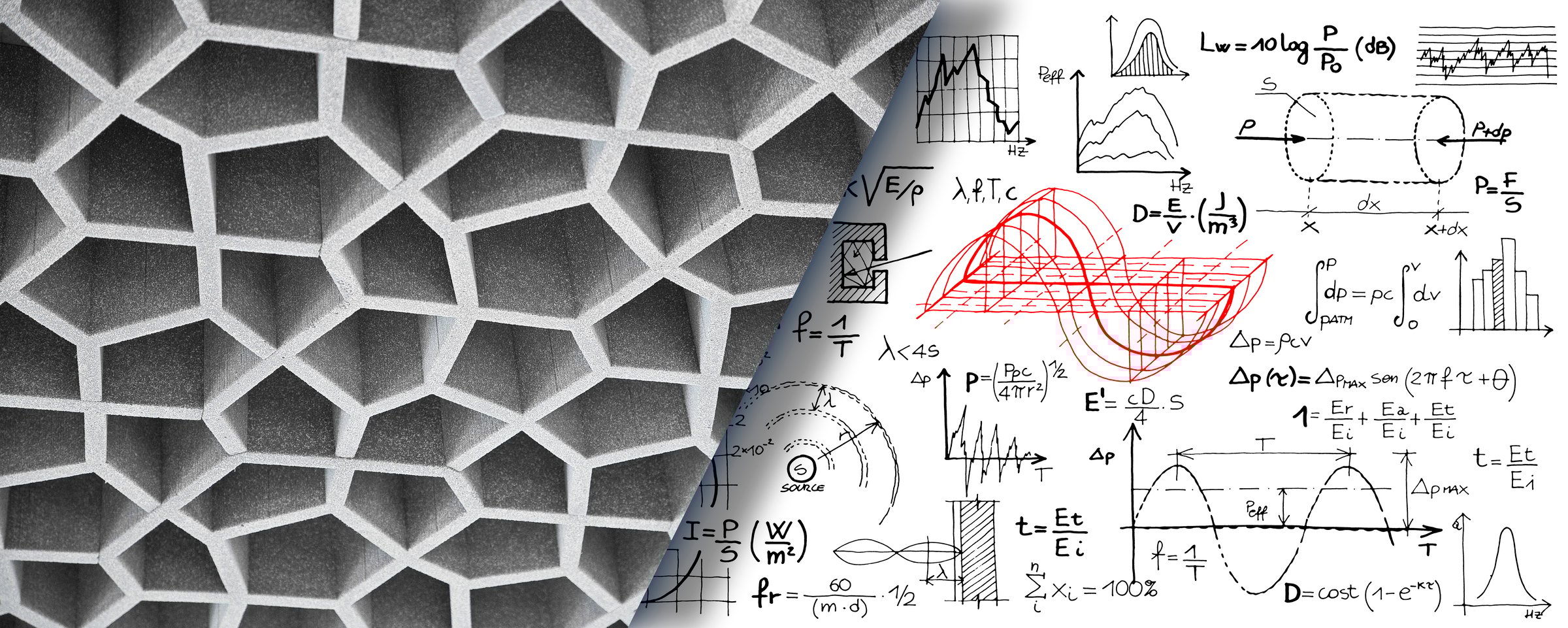 SOUNDPROOF SPONGE PANELS FOR AIRBORNE NOISE ABSORPTION used to mitigate reverberation in buildings and public spaces - Soundproofing foam equipment concept with acoustic formulas
