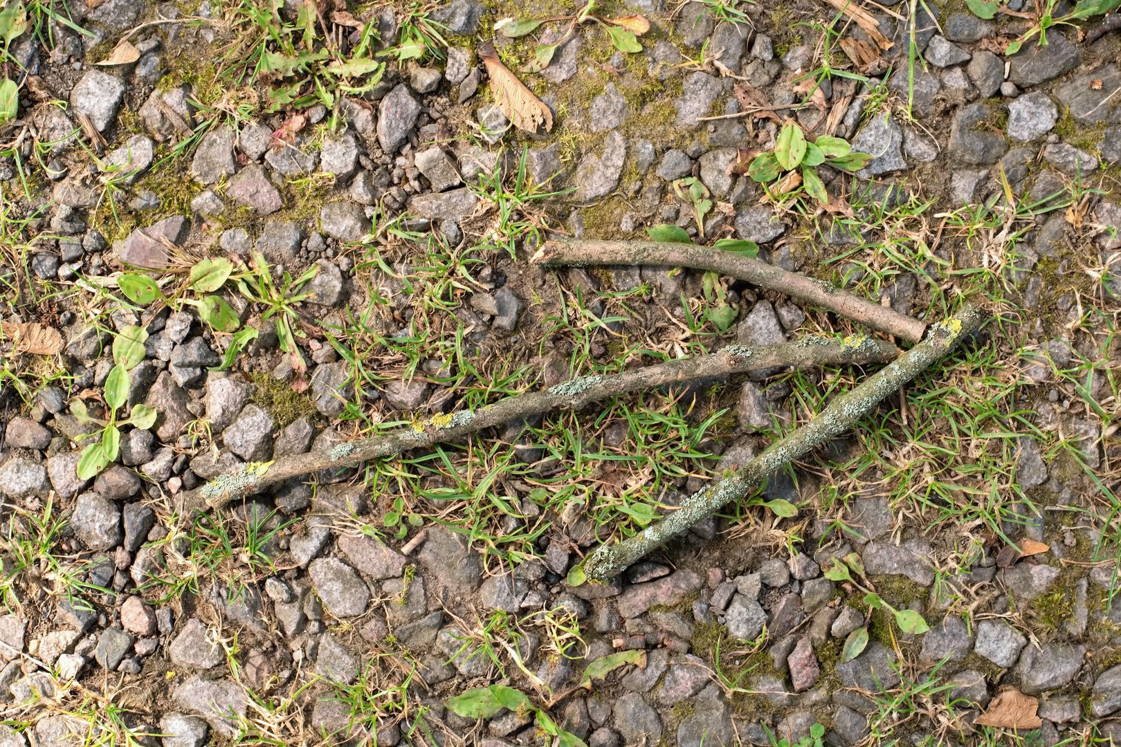 Hiking trail sign, wooden twig arrow on the ground. Survival hack.
