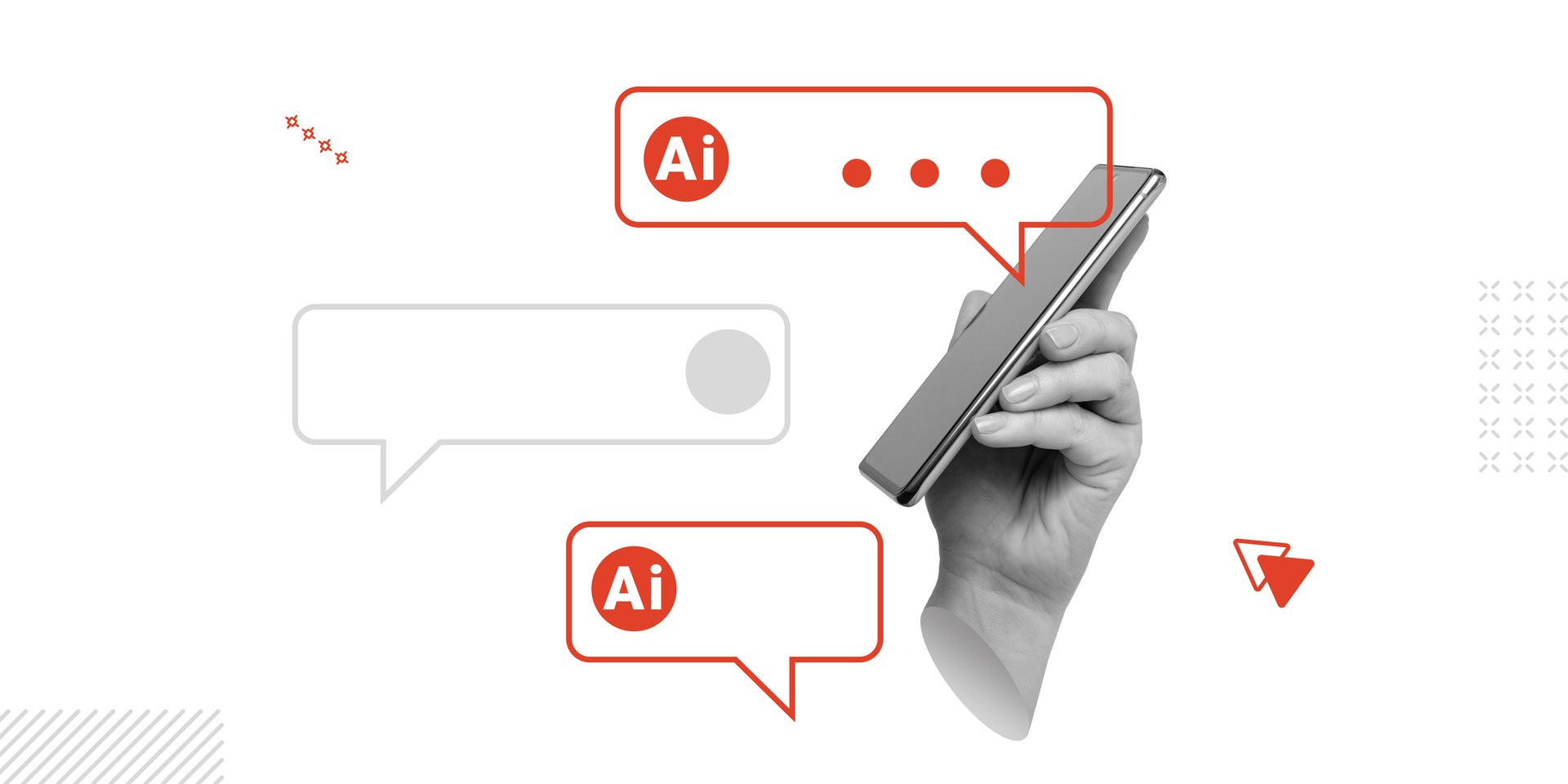 Mobile Assistants, chatbots, Artificial intelligence in mobile devices. A hand holding a smartphone with red AI chat bubbles. Minimalist art collage