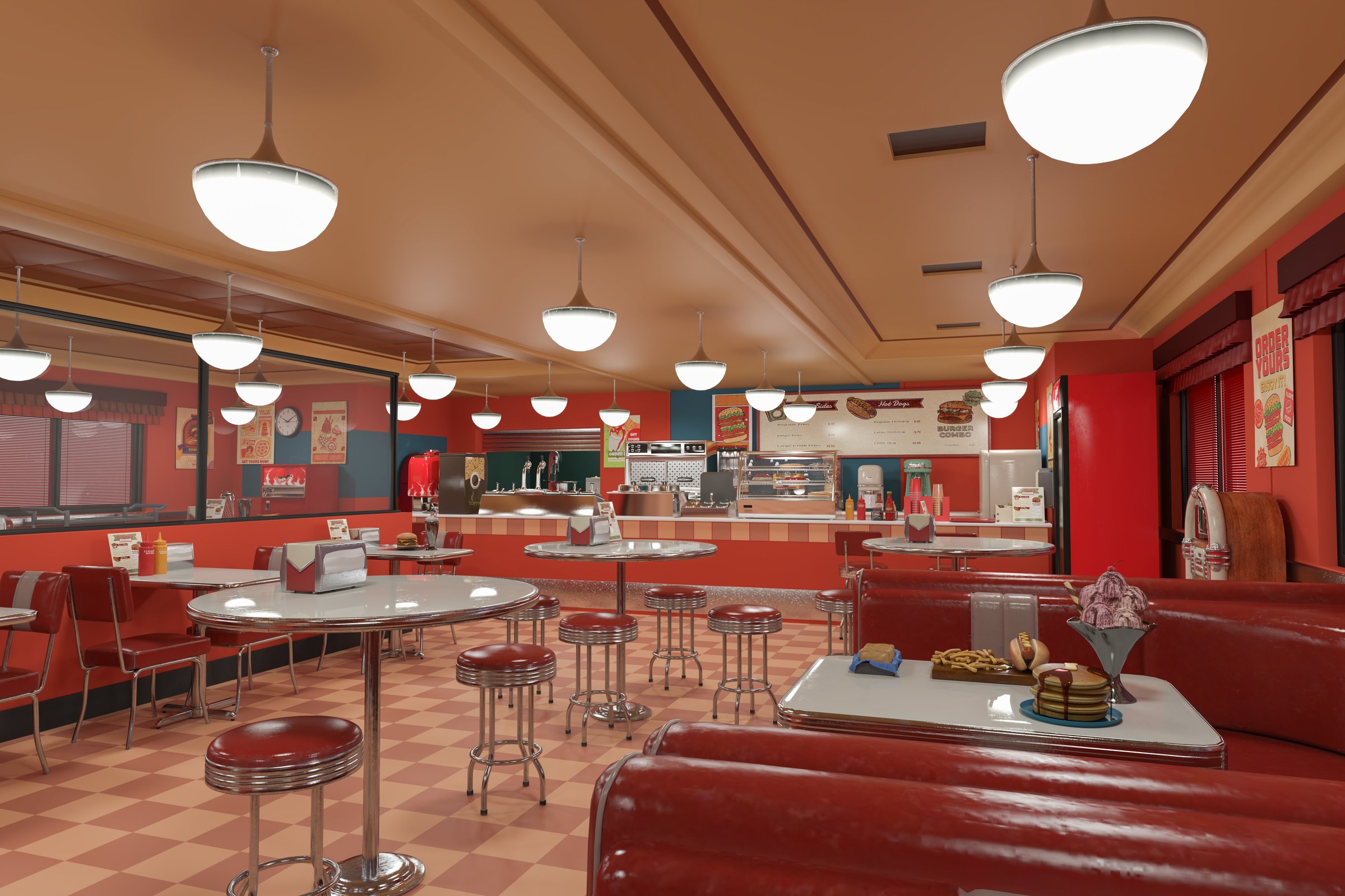 Interior of a vintage American diner with red vinyl seats and checked floor. 3D rendered illustration.