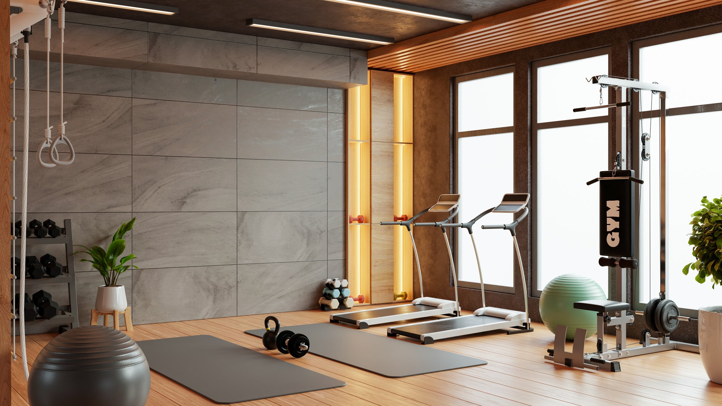 Interior of modern light gym is well-equipped with modern machines and fitness gear, offering a functional and comfortable space for workouts- 3D rendering