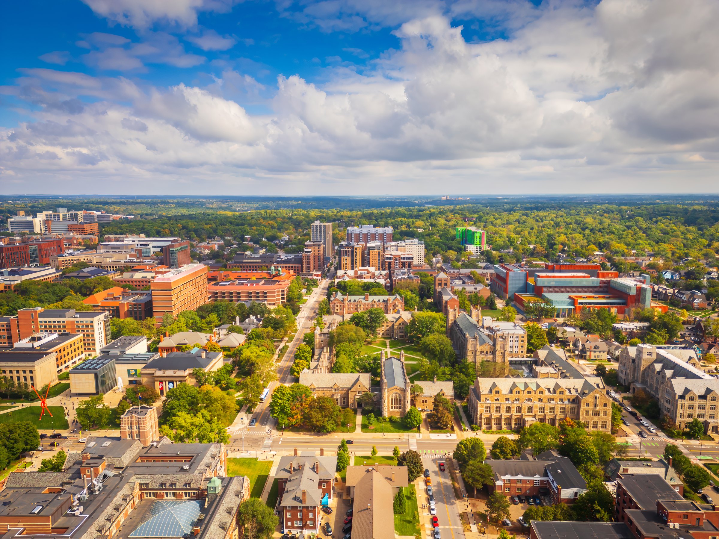 Ann Arbor, Michigan, USA college town skyline in the afternoon.