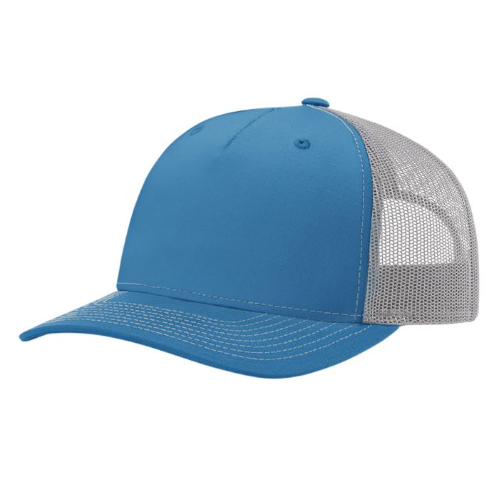 Isolated mockup of two dark blue and brown snapback caps with front and side view