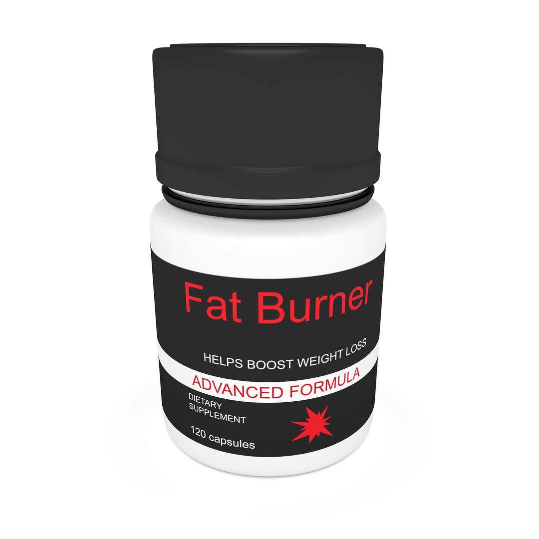 Diet Concept: Black Pill Bottle Fat Burner Weight Loss, 3d illustration isolated on white background