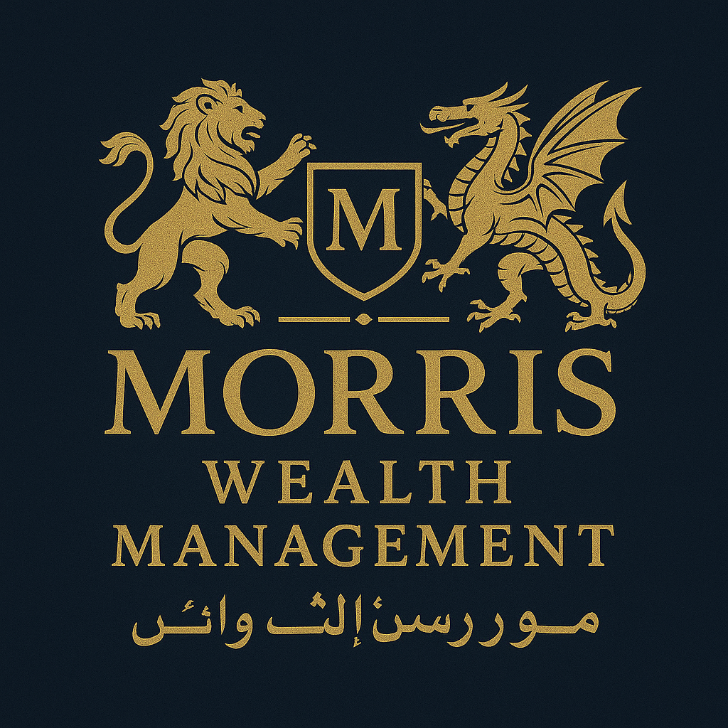 Logo of Morris Wealth Management featuring a lion and dragon flanking a shield with letter M, in English and Arabic text.