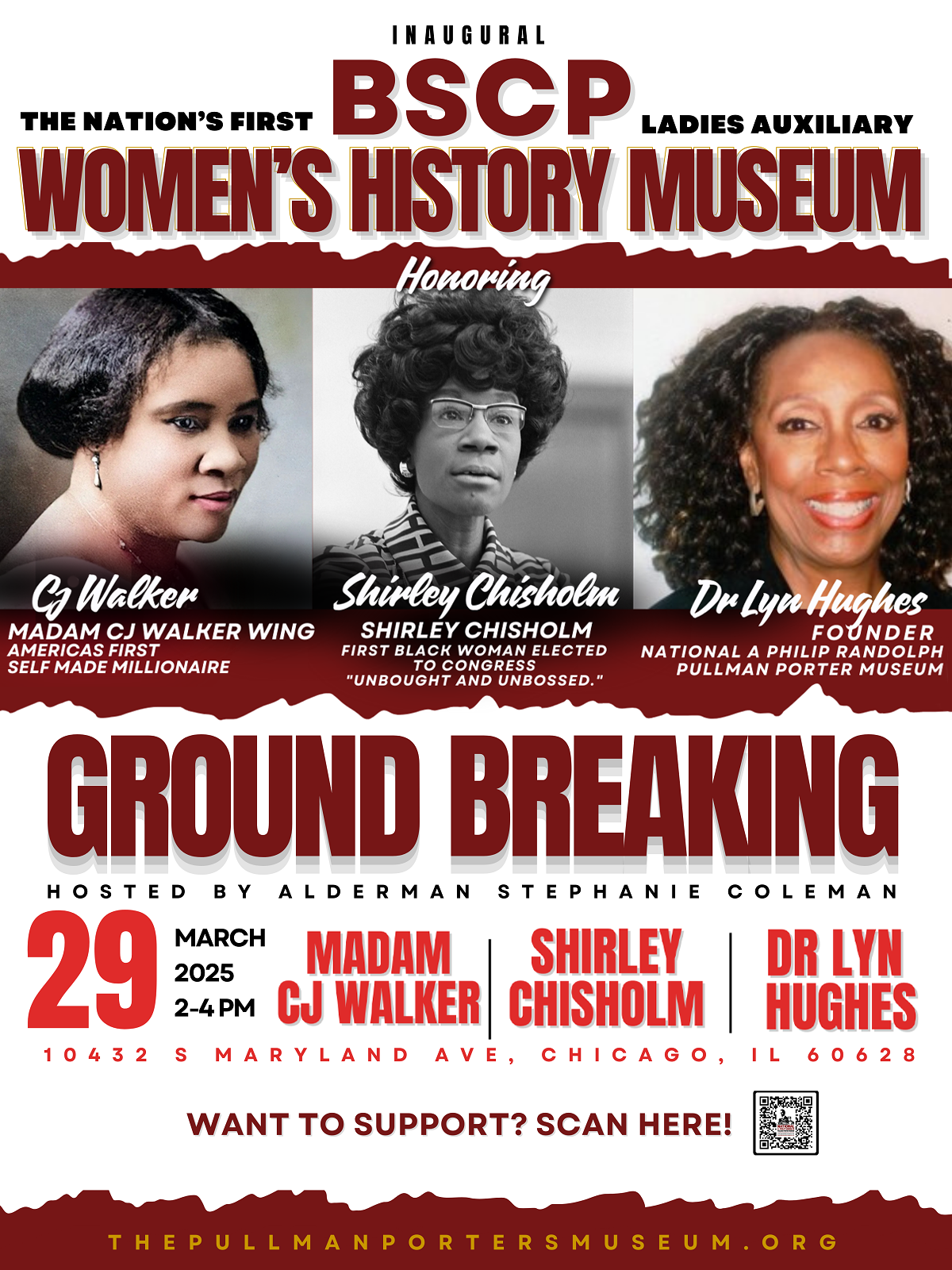 Flyer for the Women's History Museum groundbreaking on March 29, 2025, featuring Madam C.J. Walker, Shirley Chisholm, and Dr. Lyn Hughes.