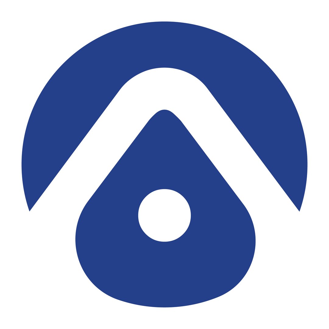 Blue abstract logo with a circular shape, an inverted triangle, and a central dot on a white background.