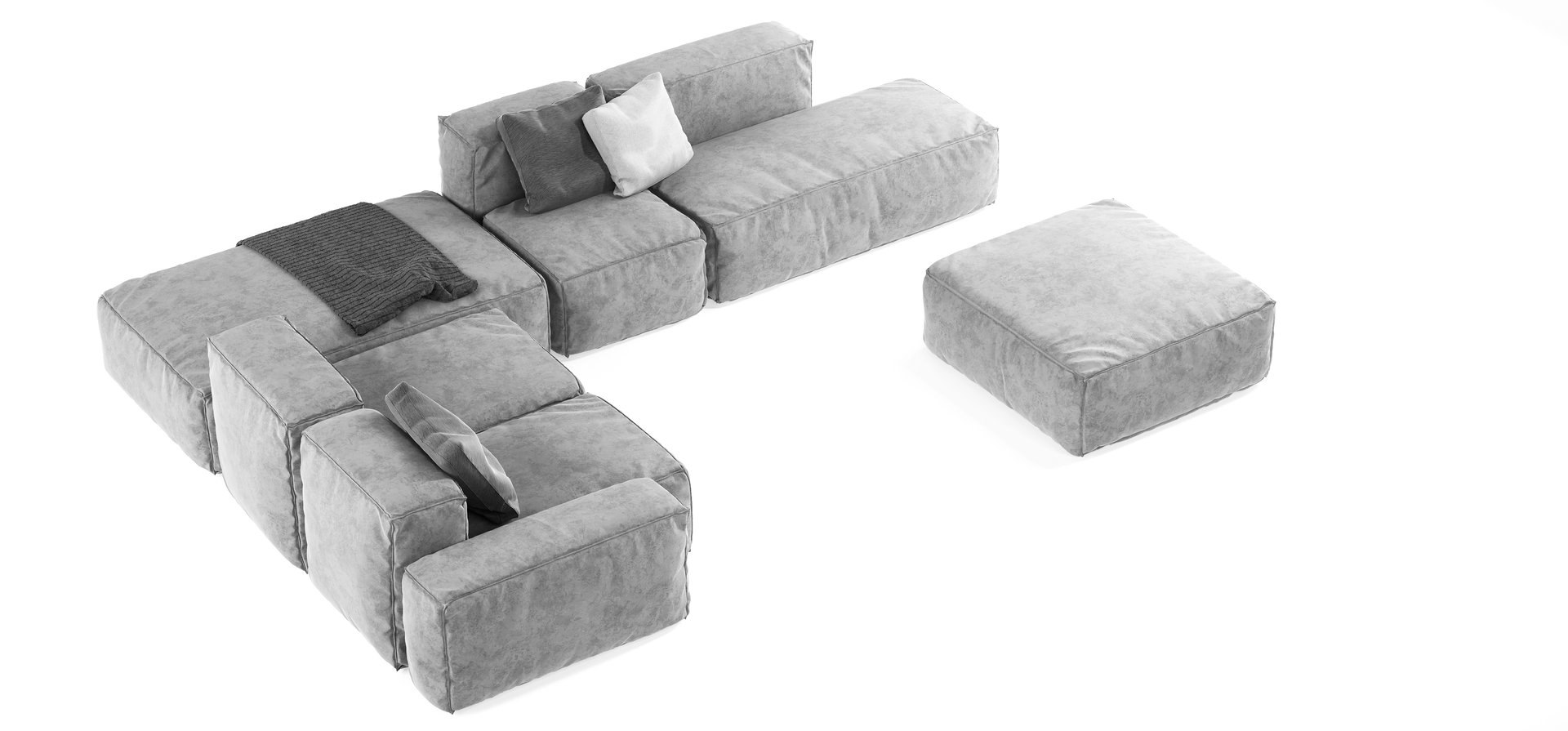 Modern gray modular sofa with pillows and plaid isolated on white background. Furniture, interior object, stylish sofa. High tech style, subject for minimalistic interior design.