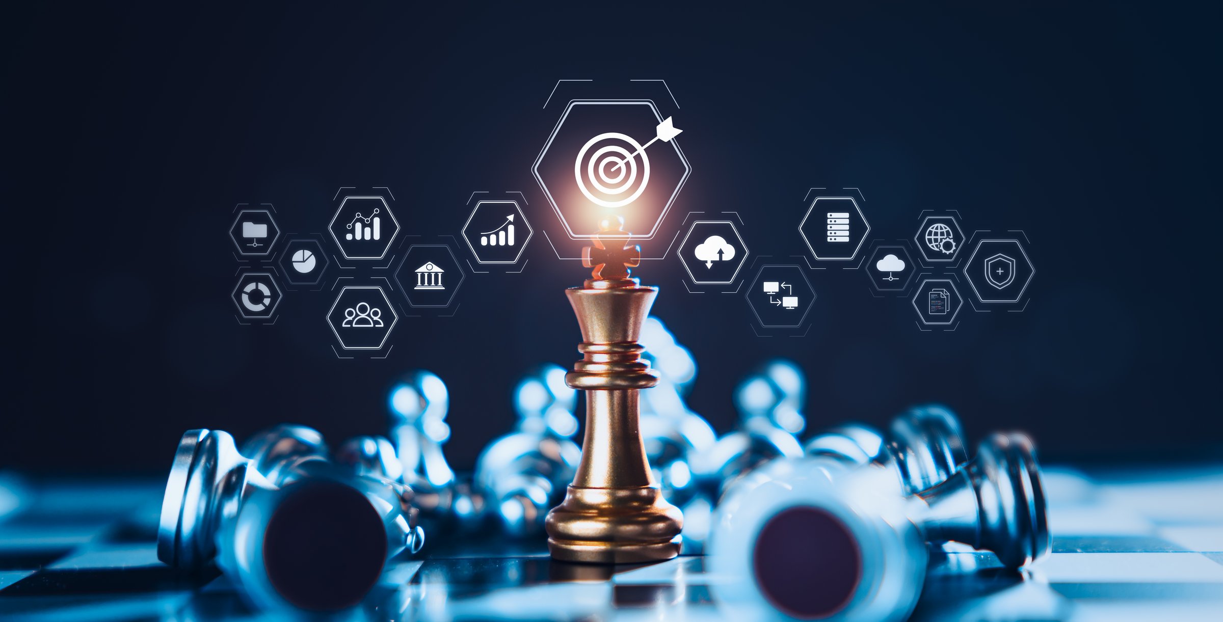 Concept of business success through planning and teamwork. A chess king is surrounded by icons and the symbol of achieving goals, represents the strategic thinking in achieving success