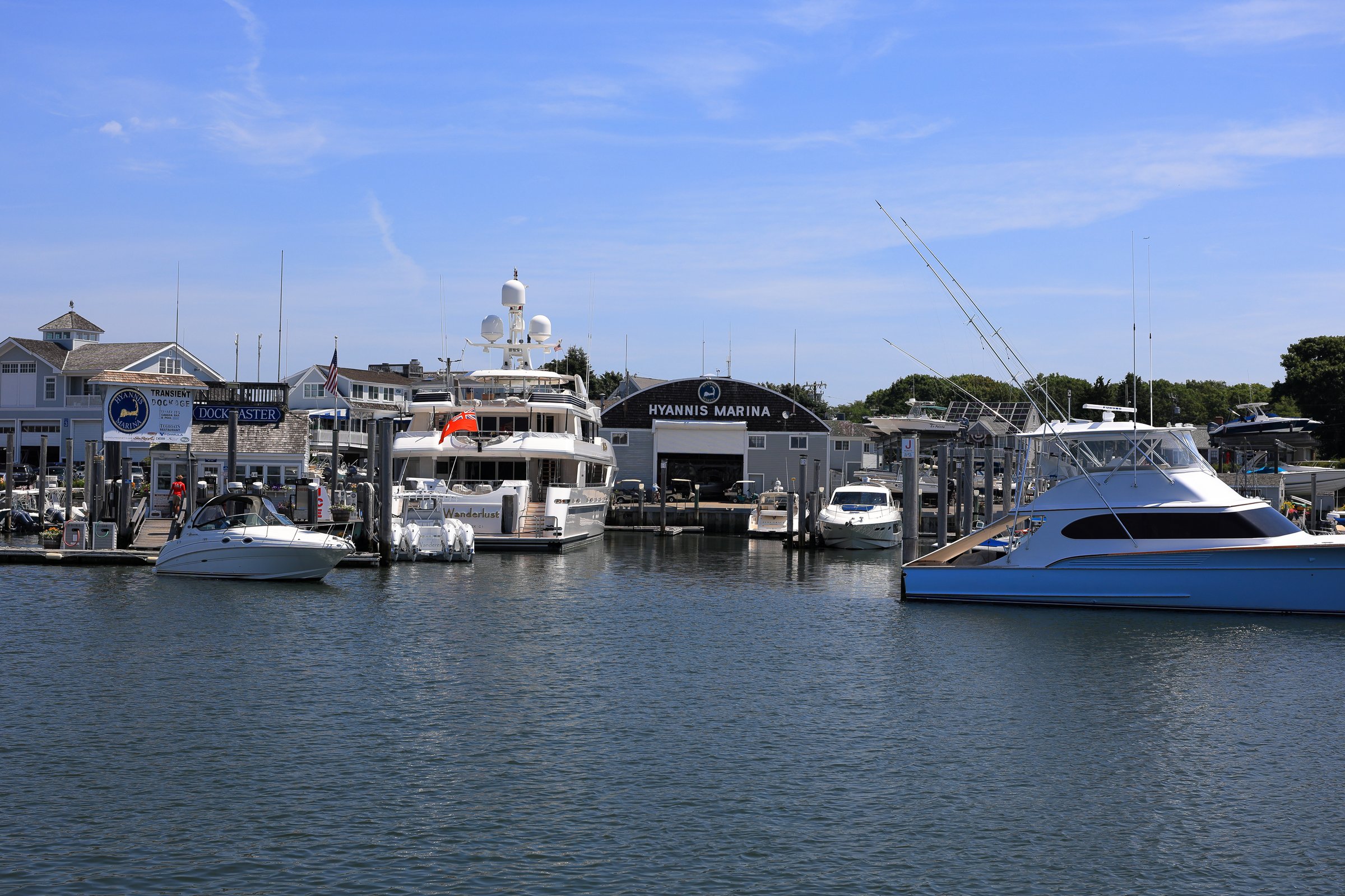 Hyannis, MA, USA - July 30th 2025 -  View of Hyannis Marina from the water in Hyannis Inner Harbor, Cape Cod