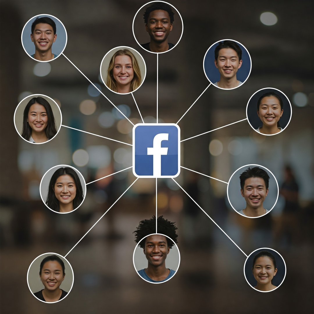 Facebook logo connecting diverse people in circular frames, symbolizing social networking and global connections.