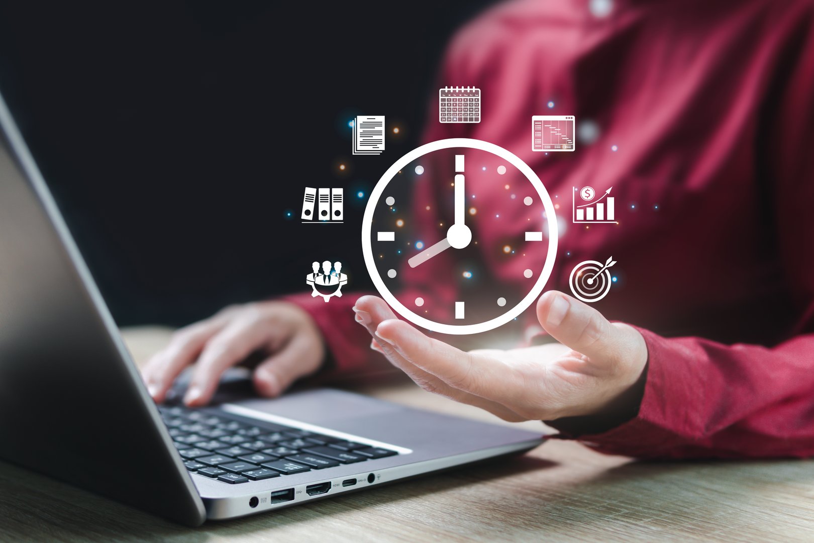 Time and business management target, Time reduce concept, Business Woman show virtual clock in hand, Business plan and target of work, Planning for increased efficiency, finance, Strategic, Cost down