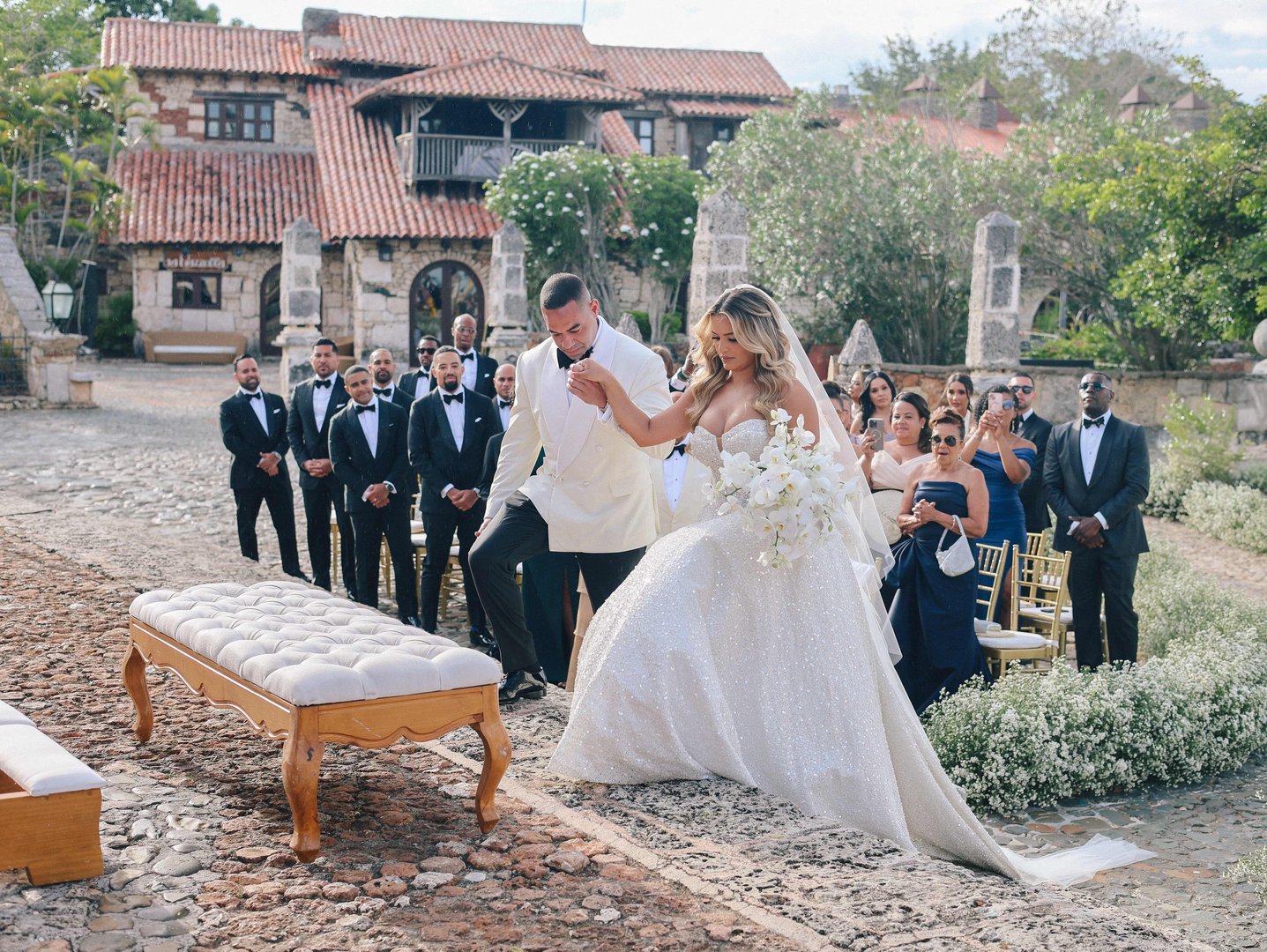Beach wedding couple at sunset