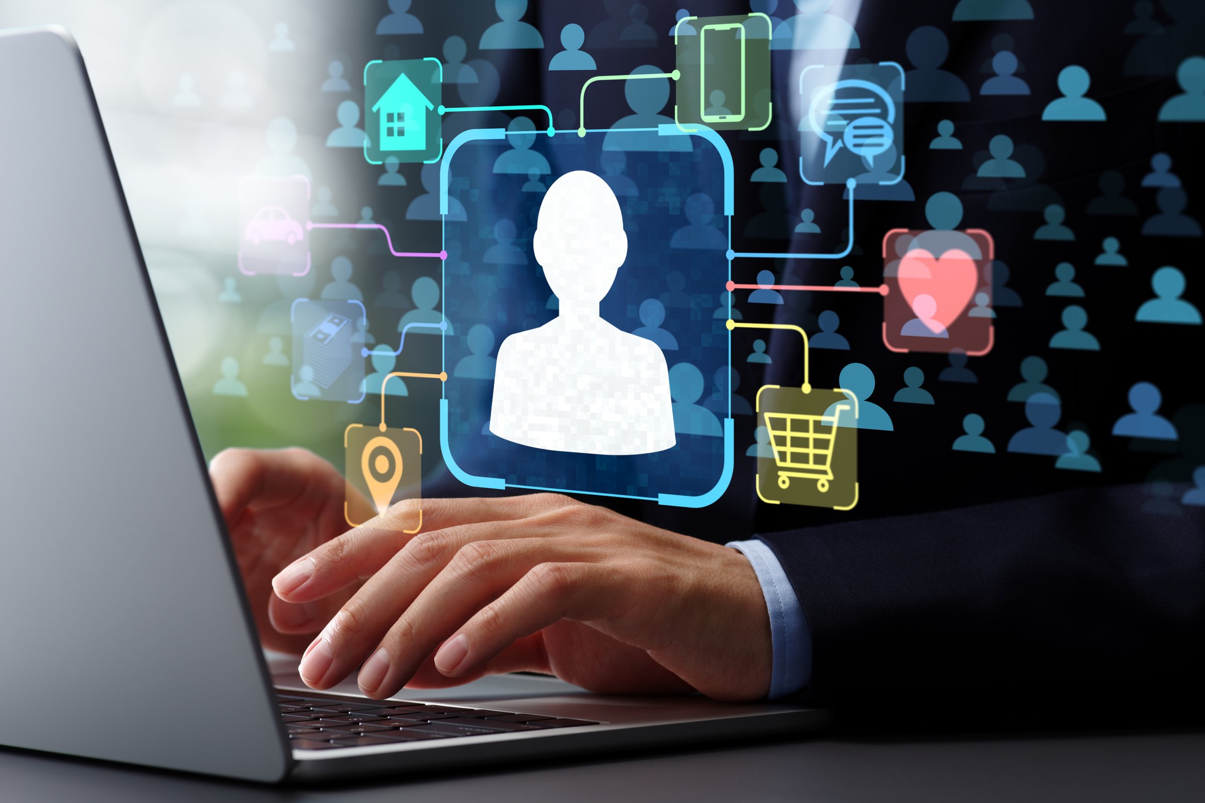 Customer big data analysis and marketing strategy. Targeted customer profiling and behavioral analysis. Analyst using laptop computer to analyze customer data.