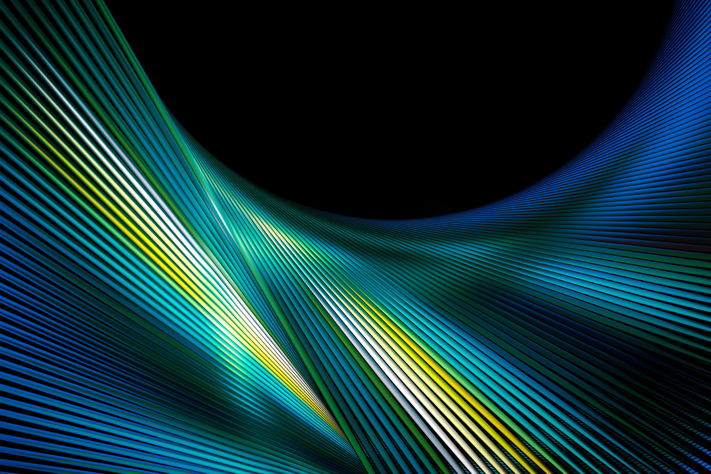 Abstract futuristic lines background. Fractal render. Green, blue glowing stripes. Technology concept.