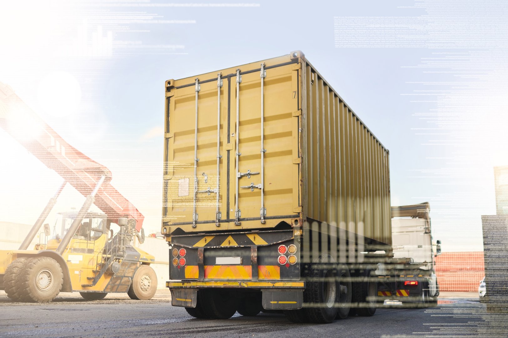 Logistics truck, shipping and transportation of cargo at a supply chain port ground. Ecommerce stock, delivery service and trade of commercial freight container at an outdoor manufacturing warehouse