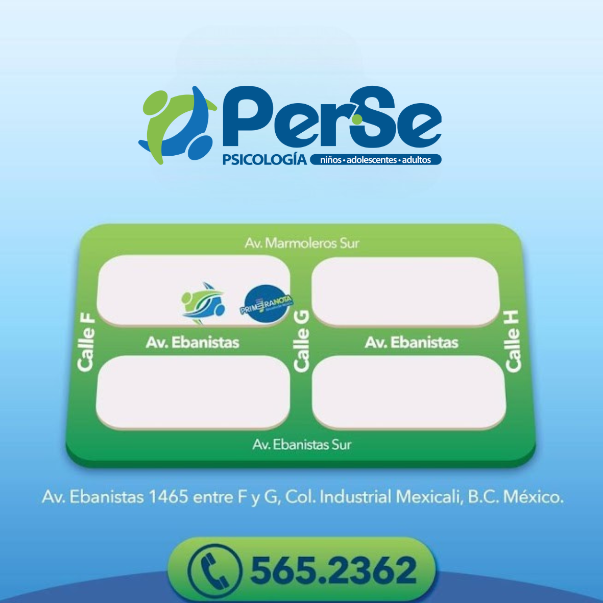 Mapa de ubicación Perse Psicología - Av. Ebanistas 1465 entre F y G, Col. Industrial