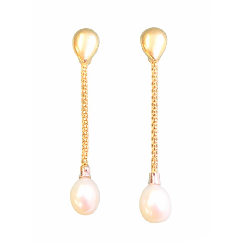 Gold drop earrings with pearl pendants hanging from a chain, featuring a teardrop-shaped gold top.