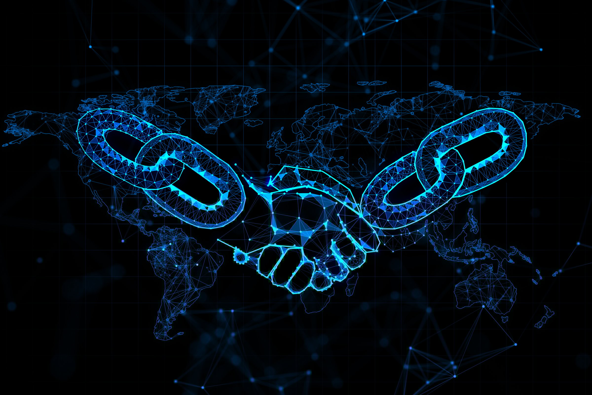 Metaverse, global partnership and network concept with chains handshake on dark background with world map. 3D rendering