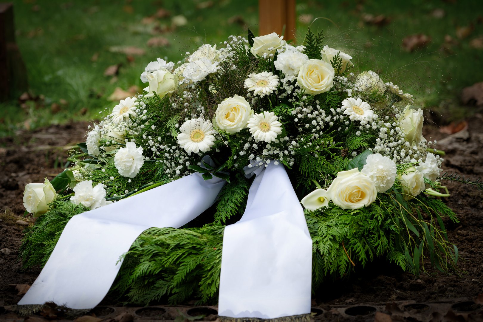 Traditional funeral wreath featuring white roses, daisies, and baby's breath, lying on freshly dug grave soil with a blank white satin ribbon