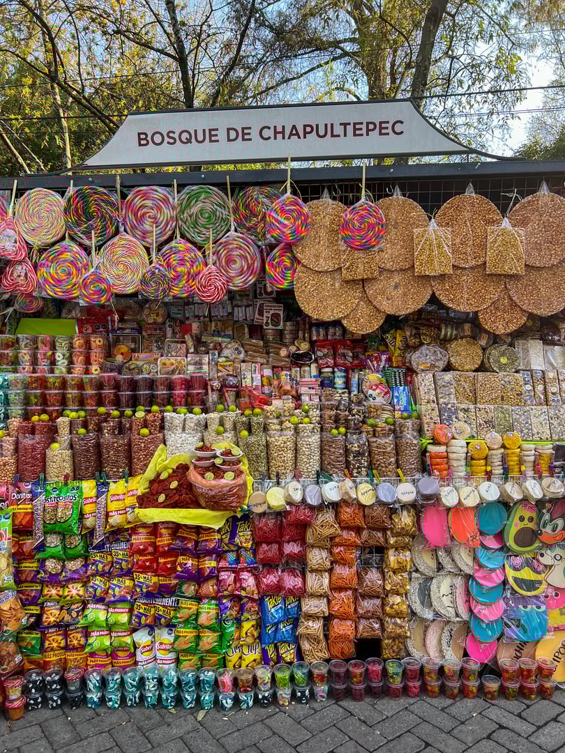 A Mexican Street Food Stand with a selection of traditional Mexican candy and Mexican processed snacks.
