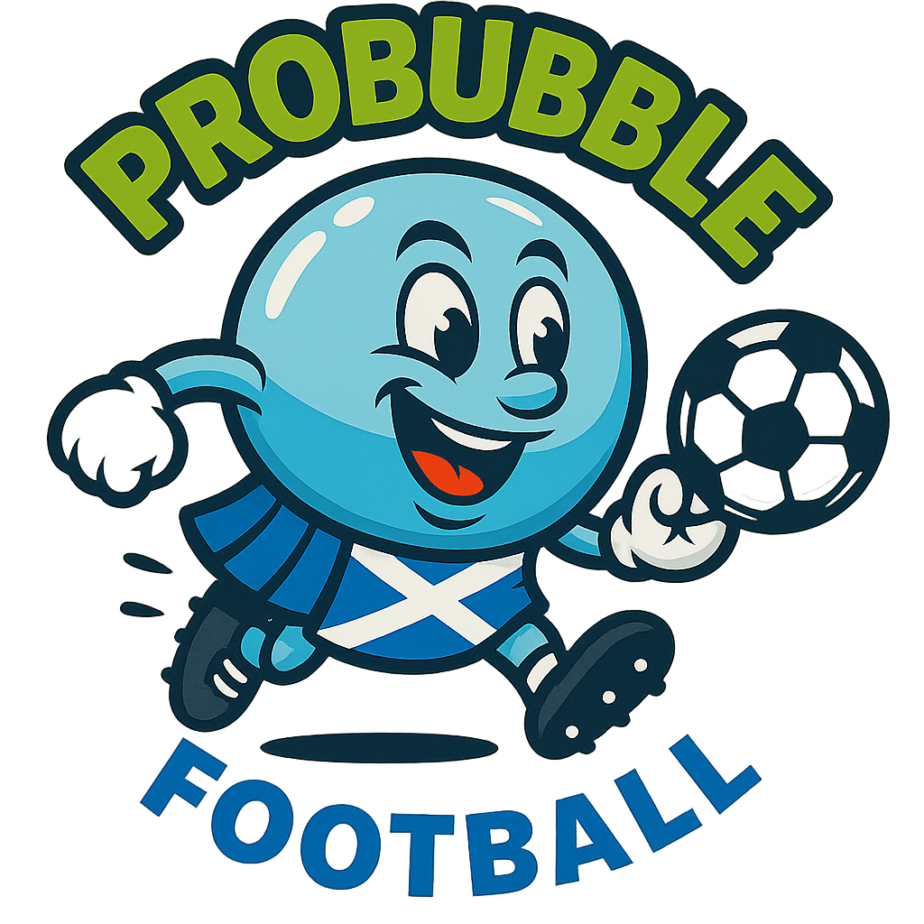 Cartoon bubble character wearing Scottish flag, playing with a football. Text reads ProBubble Football.