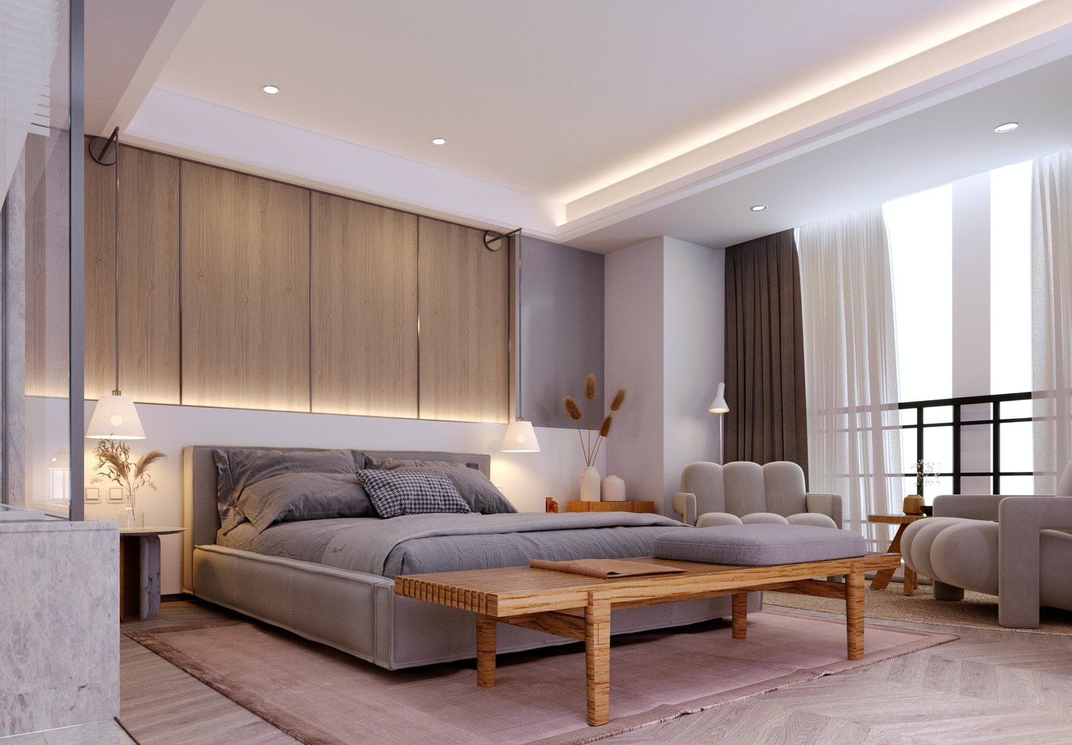 3d rendering,3d illustration, Interior Scene and  Mockup,bedroom interior 3d render,headboard decorated with wood.