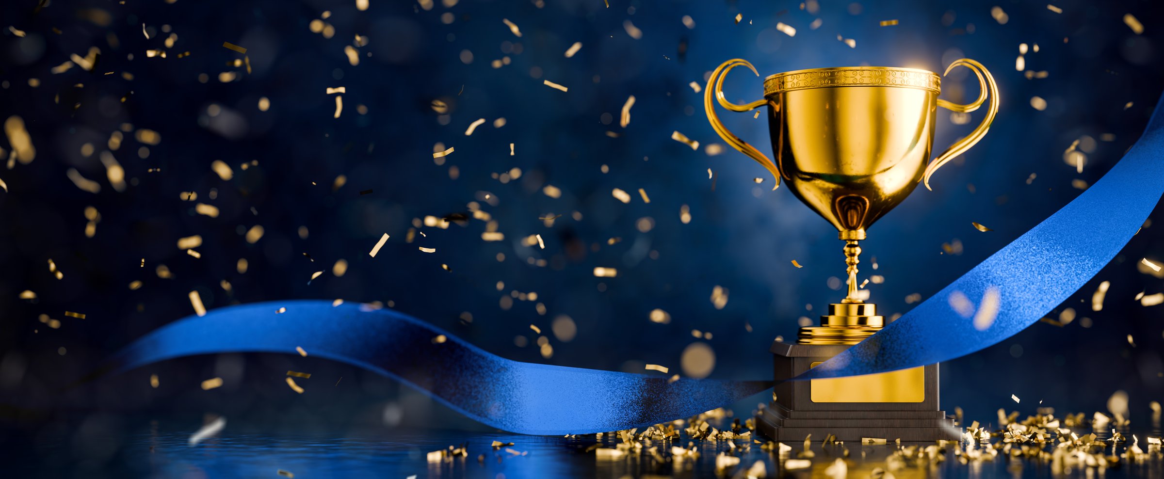 Prize for the first place. Trophy for the victory. First place in cyber sports. Competition. Video games. Shiny gold cup of the winner symbolizes victory and success in competition. 3d render.