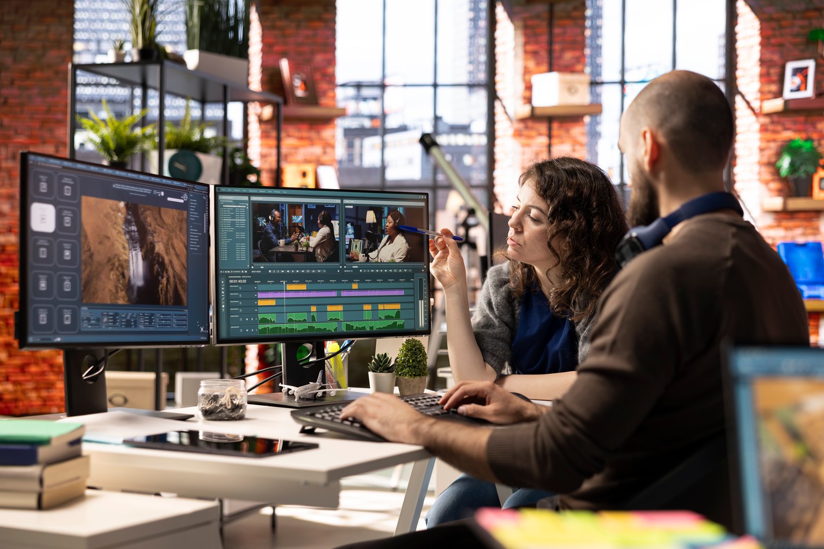 Man and woman filmmakers editing a video shoot in post production, using a modern tech setup and editing software for a creative video project. Modern workspace with dual monitors.