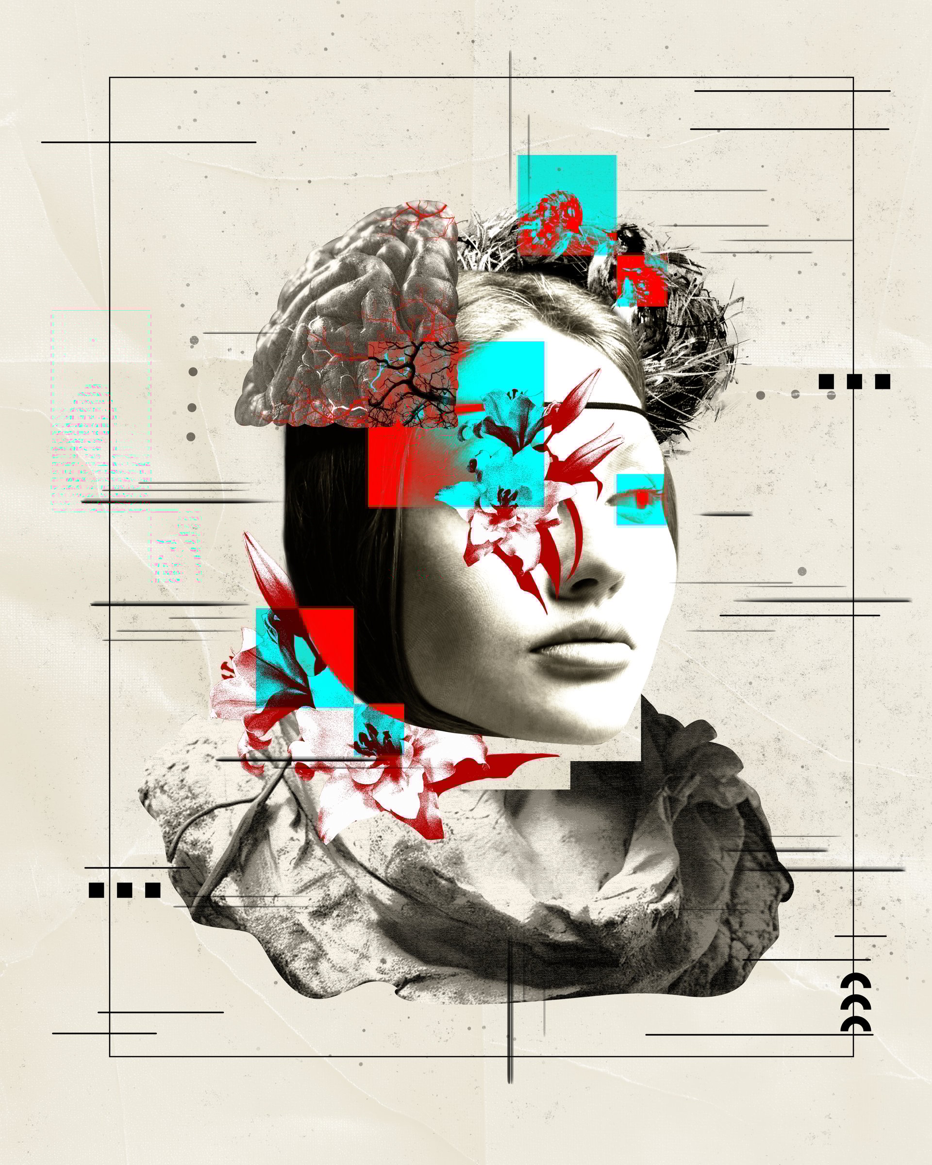 Woman with brain overlay and abstract accents on textured background. Conceptual art. Neuroscience, beauty and complexity of human brain. Concept of psychology, surrealism, health, science