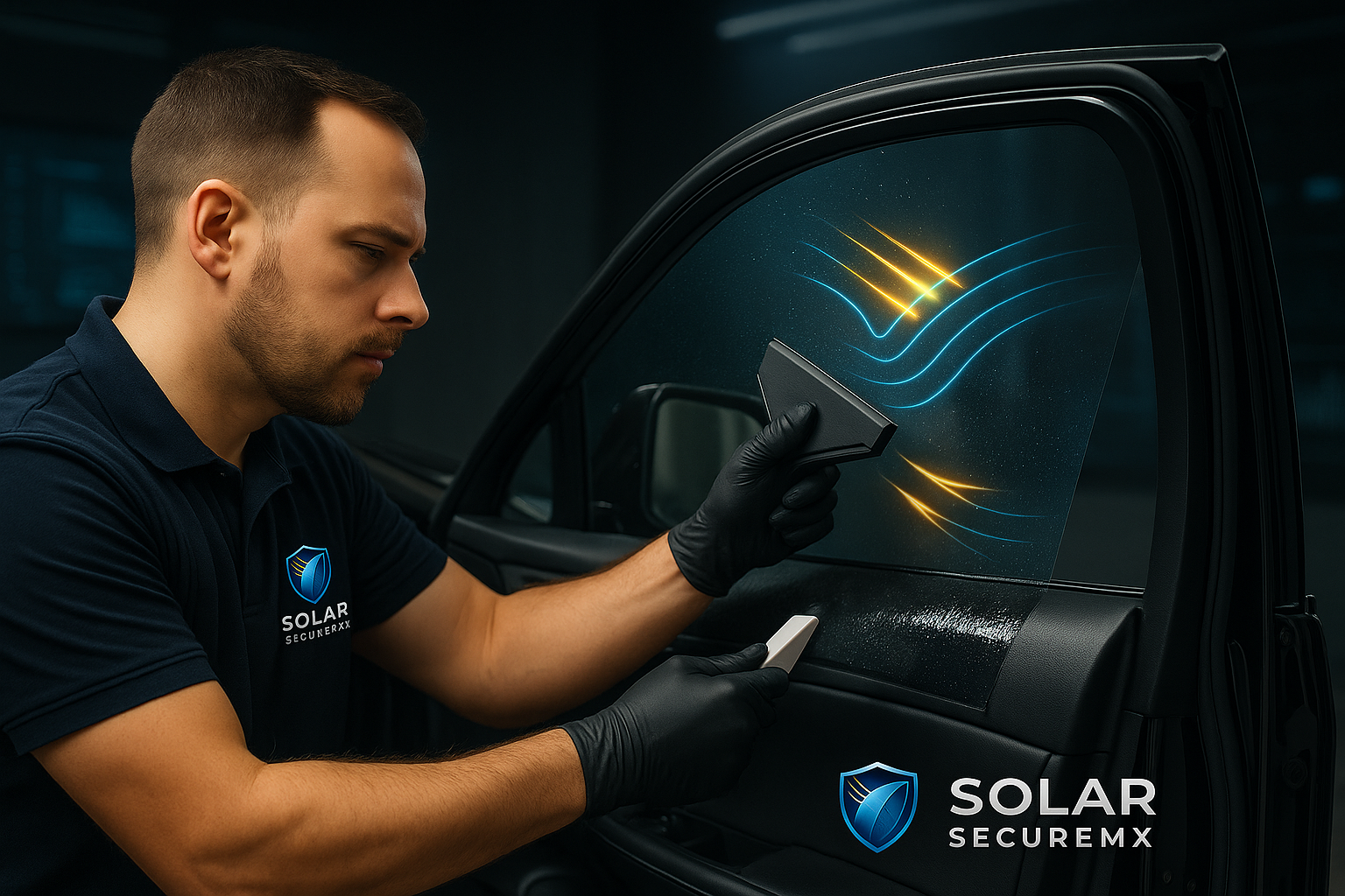 Man applying a protective film to a car window with Solar SecureMX logo in the corner.