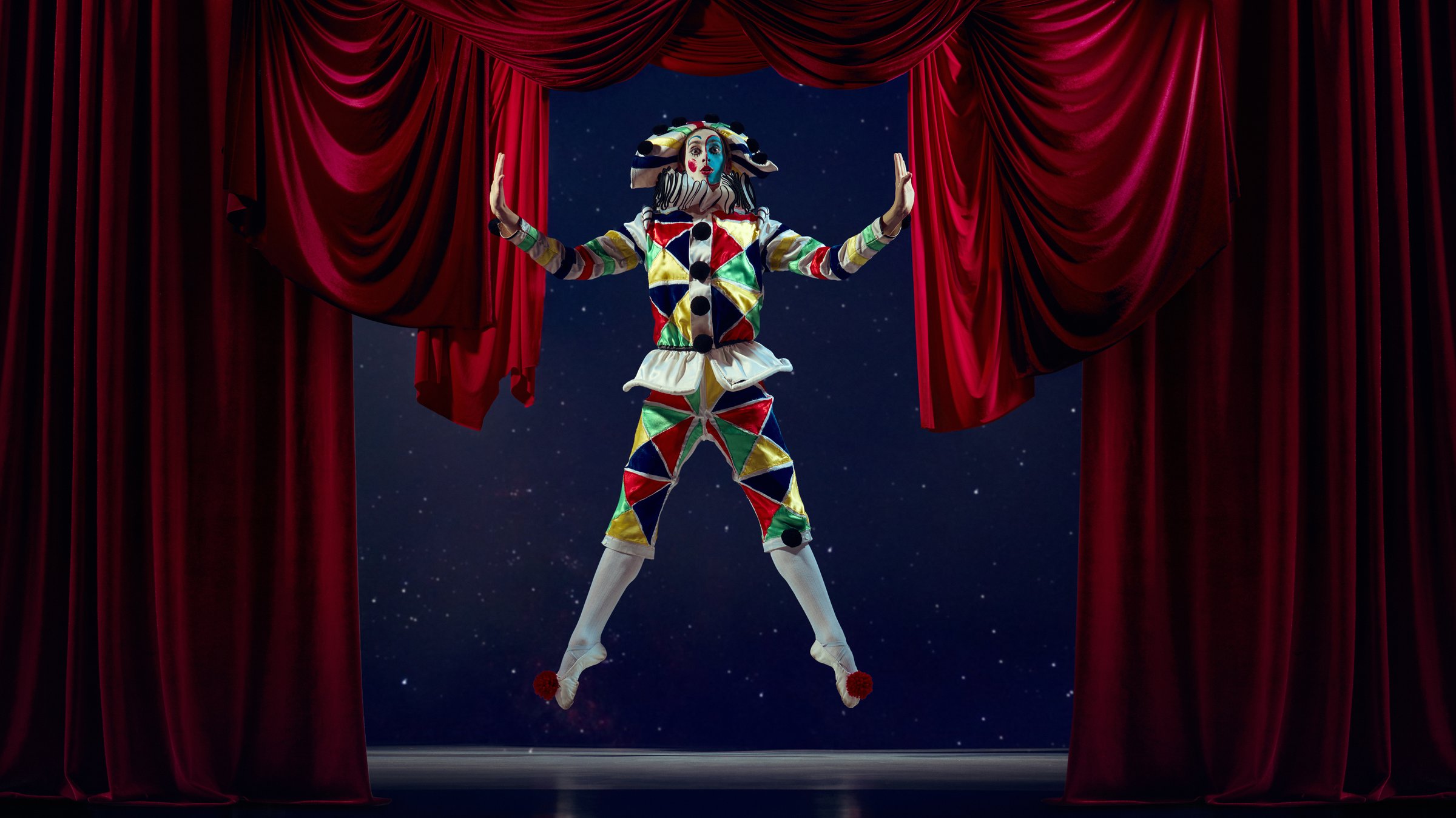 Suspended moment. Mime artist jumping on stage under red curtain in spotlight. Concept of motion capture, energy balance, dynamic lighting for AI composition and animation reference.