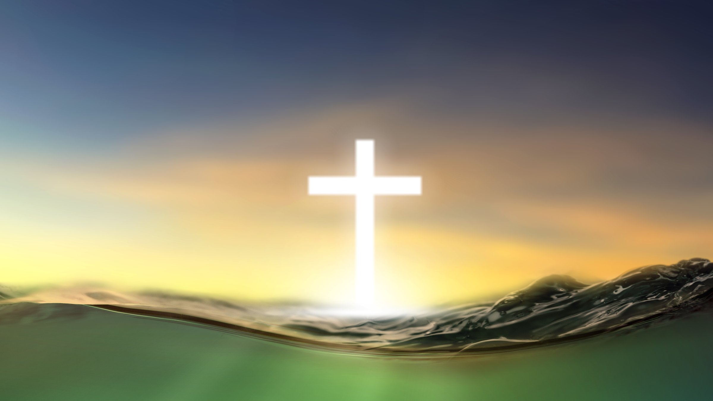 Light of the Christian cross over the ocean wave surface with sky background. Concept of Christianity, religious, faith, Jesus, or belief