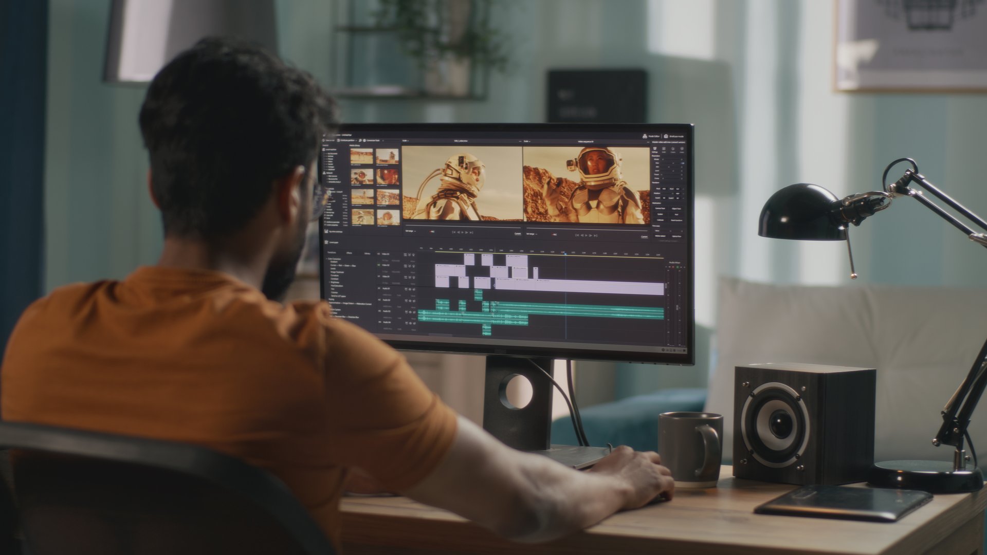 Back view of male content creator using computer to edit cosmonaut video during remote work from home