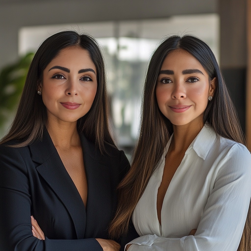 Two women with long dark hair, one in a black blazer and the other in a white shirt, smiling and standing side by side.