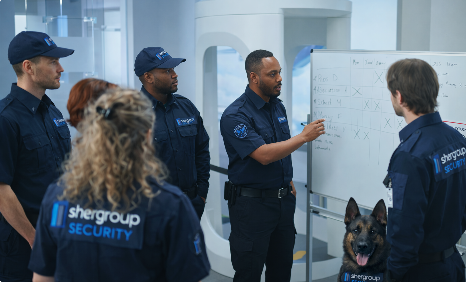 Planning Session with Airport Security Staff: African American Security Officer Holds Briefing, Uses Whiteboard, Instructs Workers About Screening Procedures. Transportation Security Administration.