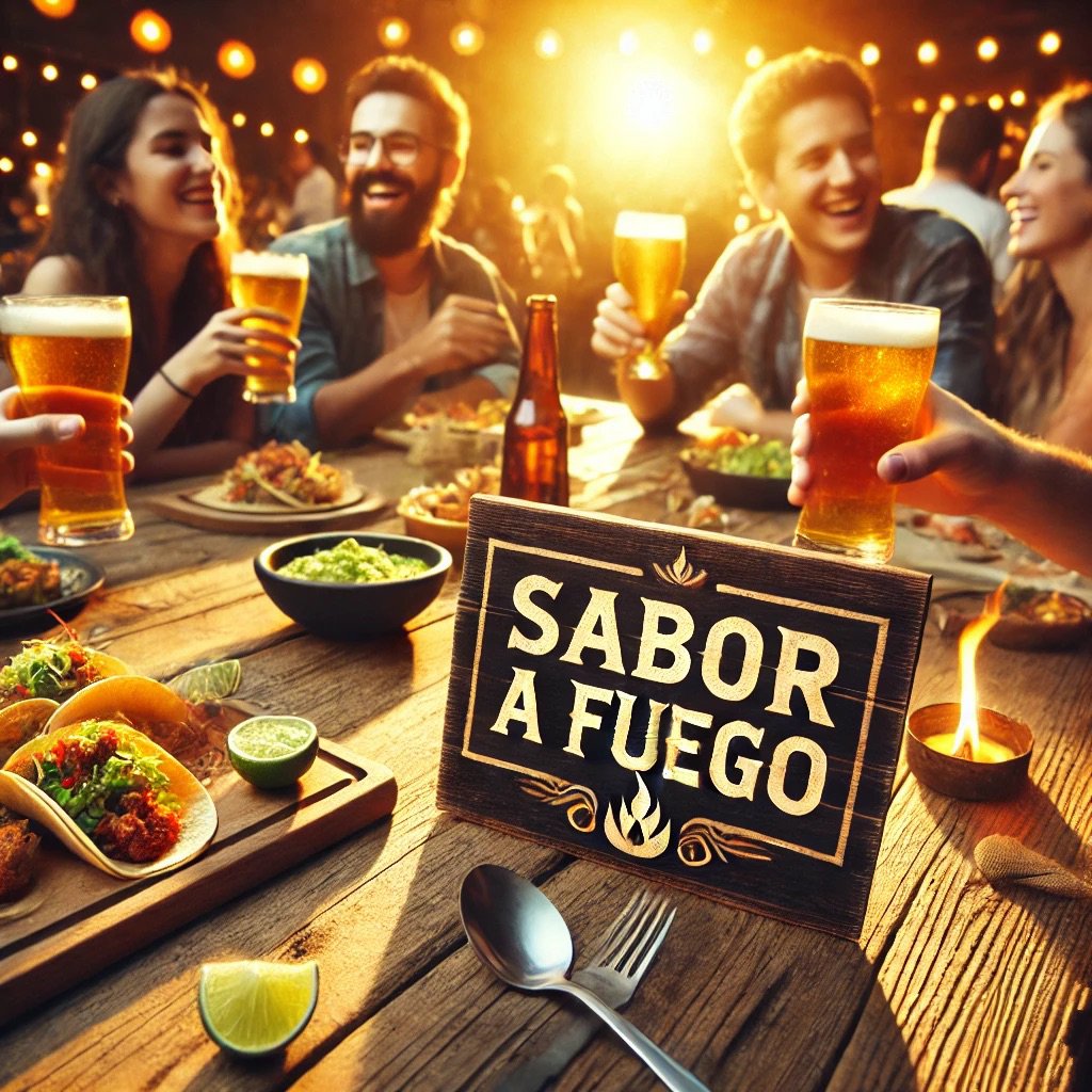 Group enjoying food and beer at a festive table with "Sabor A Fuego" sign and decorated with lights.