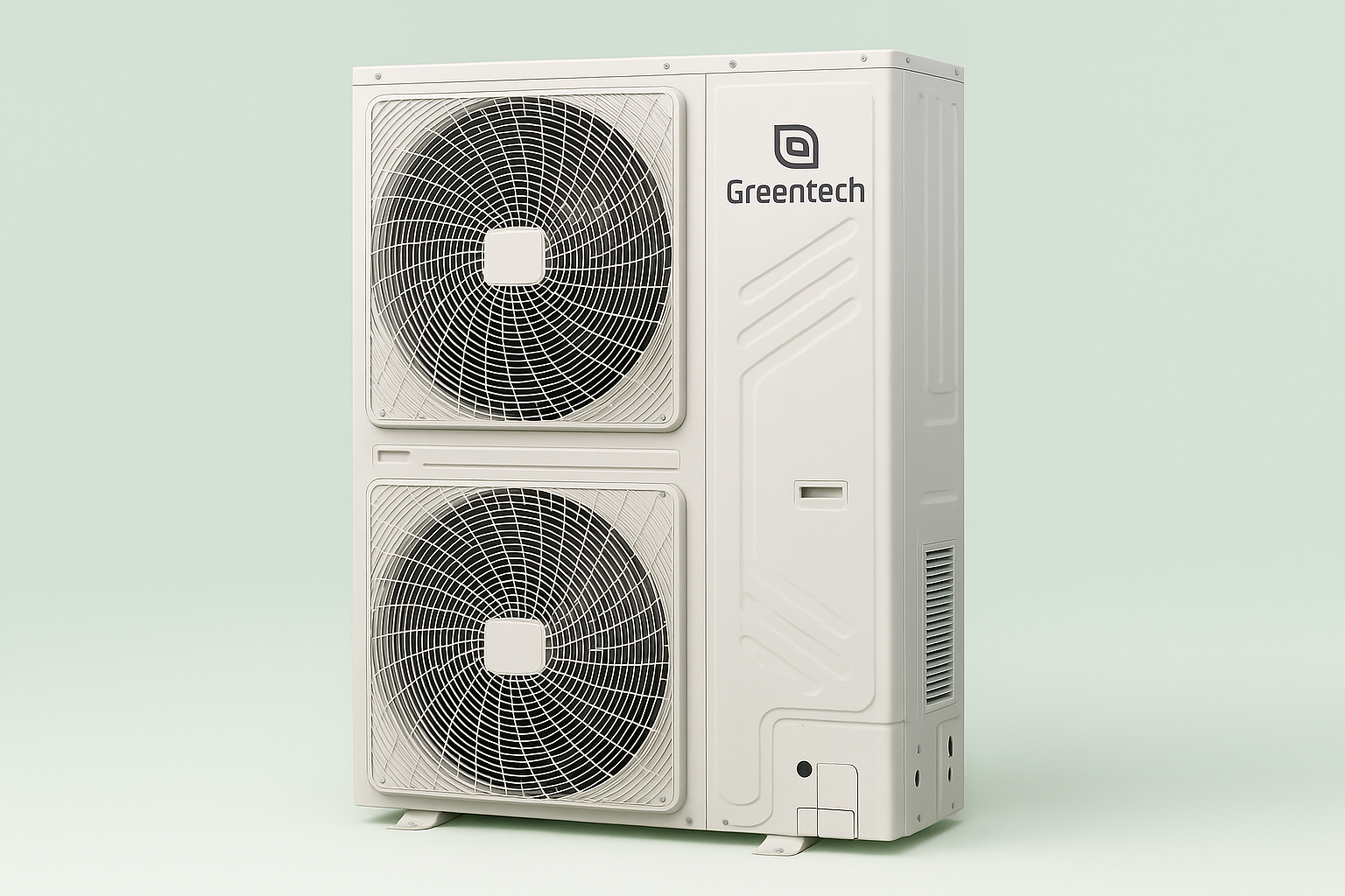 Outdoor air conditioning unit with Greentech branding, featuring two visible fans against a light green background.