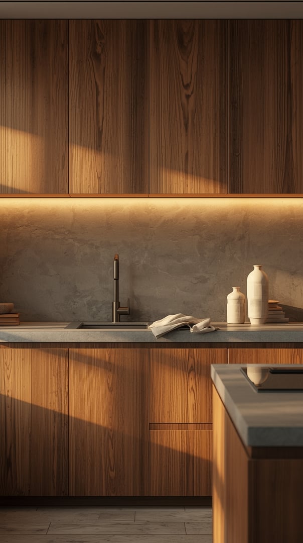 Ultra realistic modern kitchen in soft walnut wood