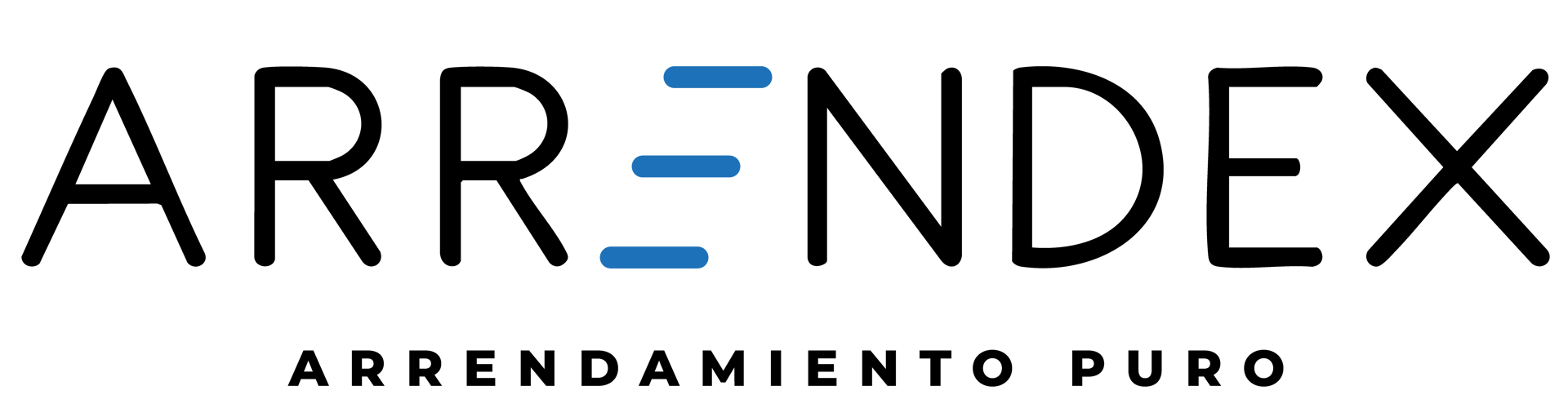 Logo of Arrendex with the slogan Arrendamiento Puro, featuring stylized text and three blue lines inside the letter E.