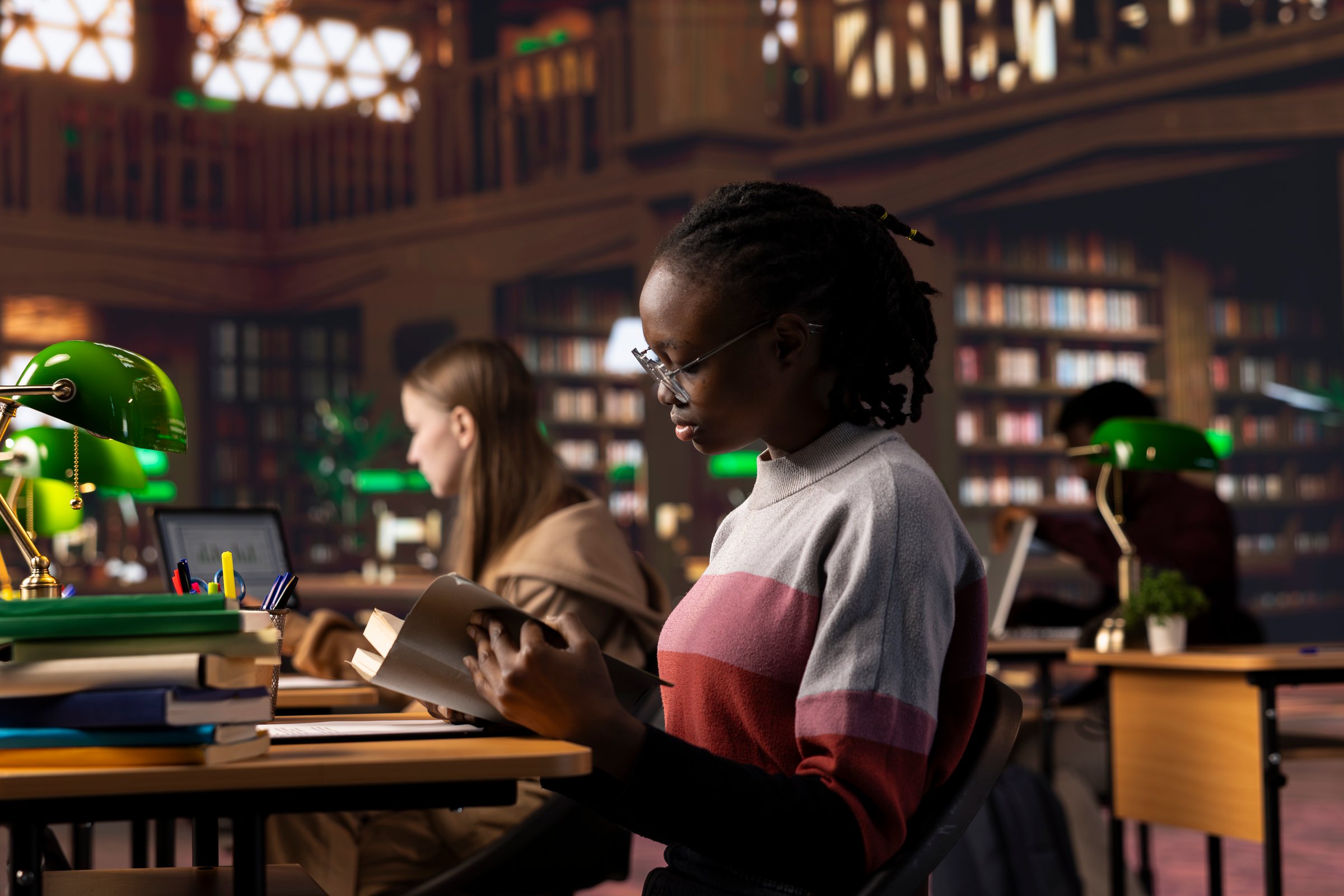 African american girl studies for a critical law exam and reading specialty books to complete her class notes with other reliable academic information. Studying in the library before the test.
